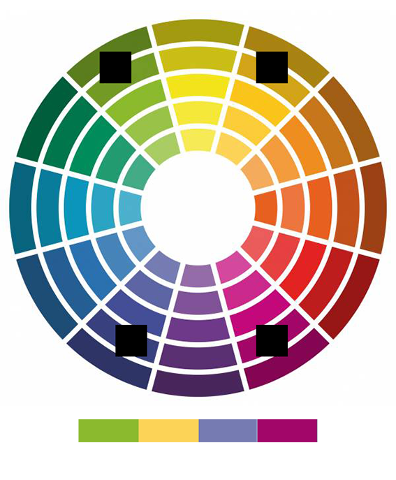 Сочетание четырех цветов в цветовом круге.