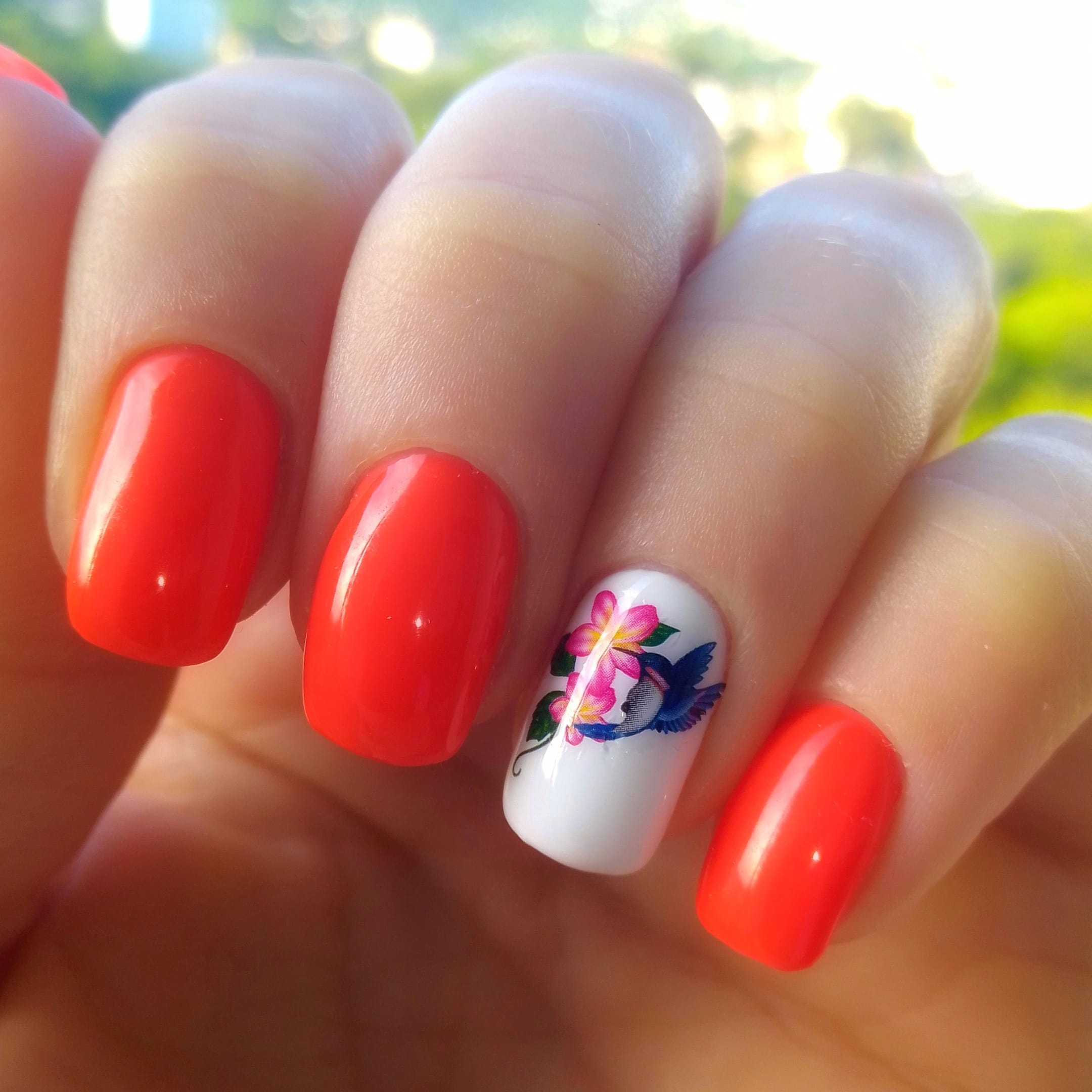 Маникюр с цветочными слайдерами в красном цвете на короткие ногти.