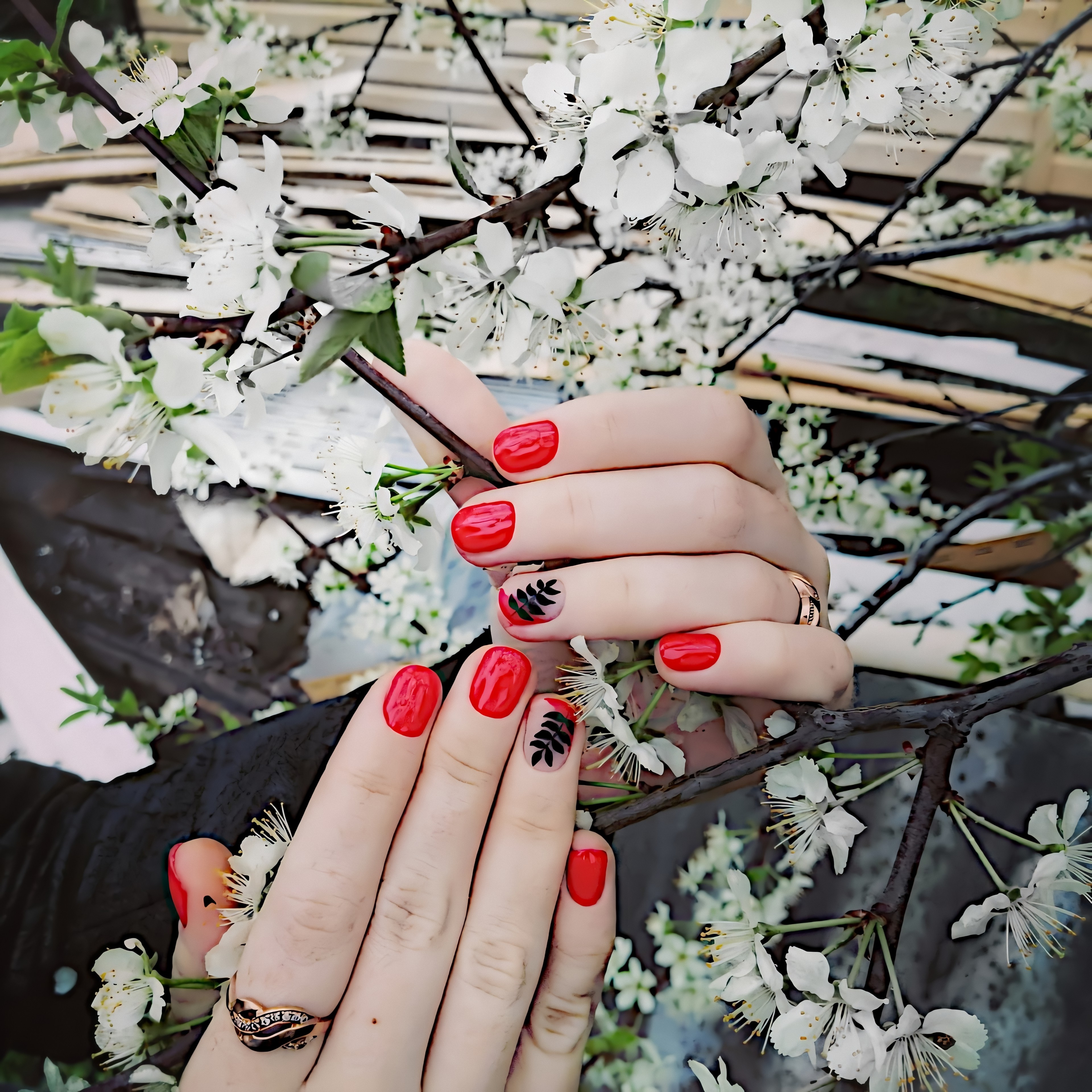 Маникюр с растительным рисунком в красном цвете на короткие ногти.