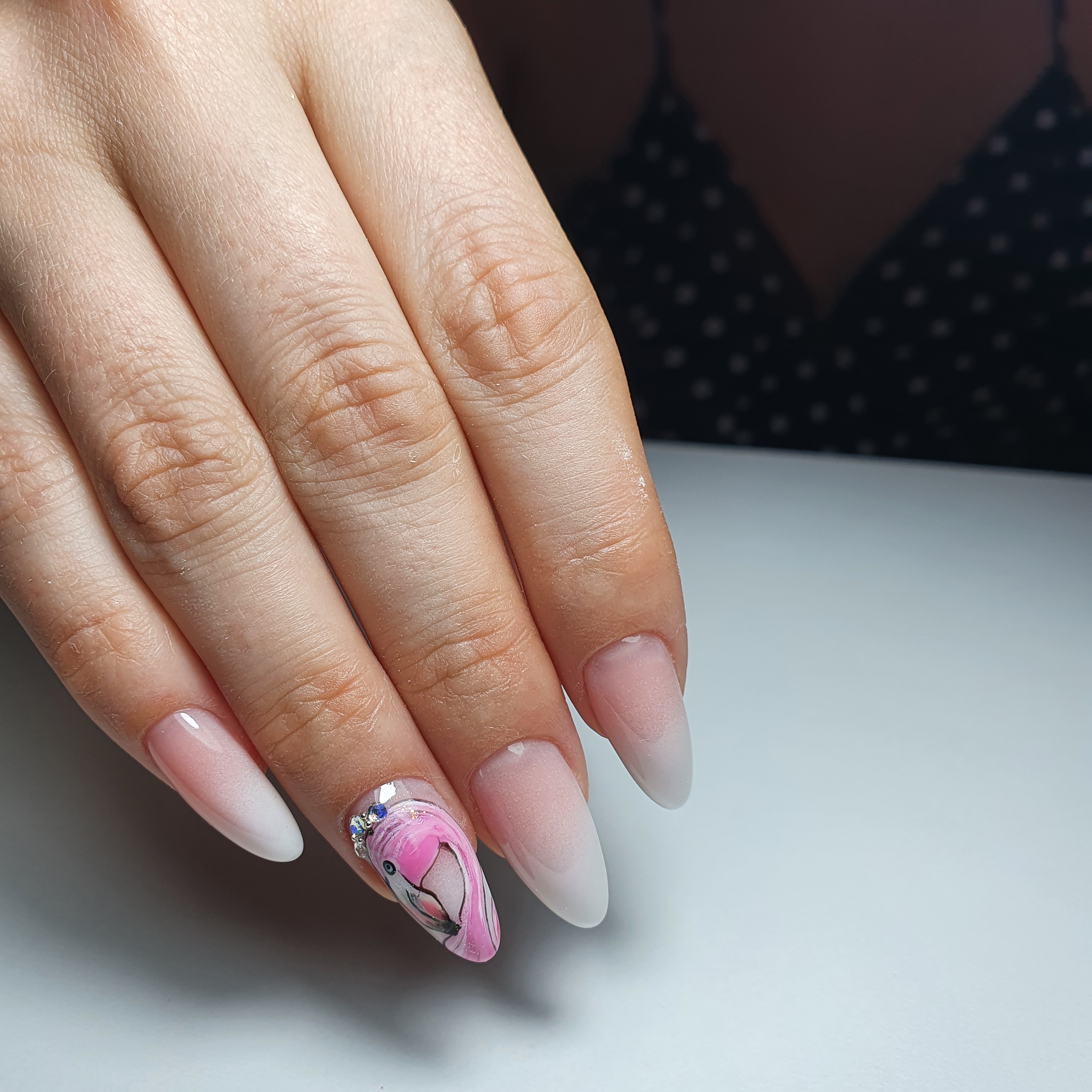 Нюдовый маникюр с градиентом и фламинго на длинные ногти.