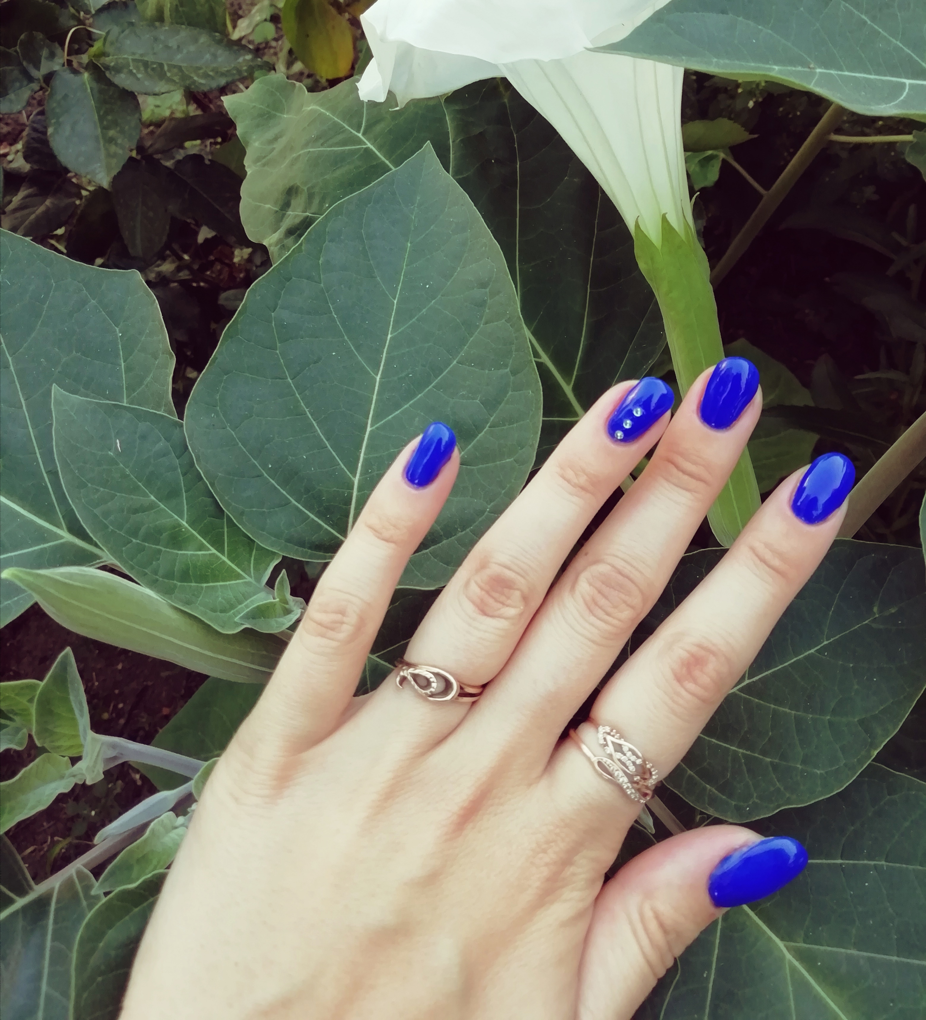Маникюр со стразами в синем цвете на короткие ногти.